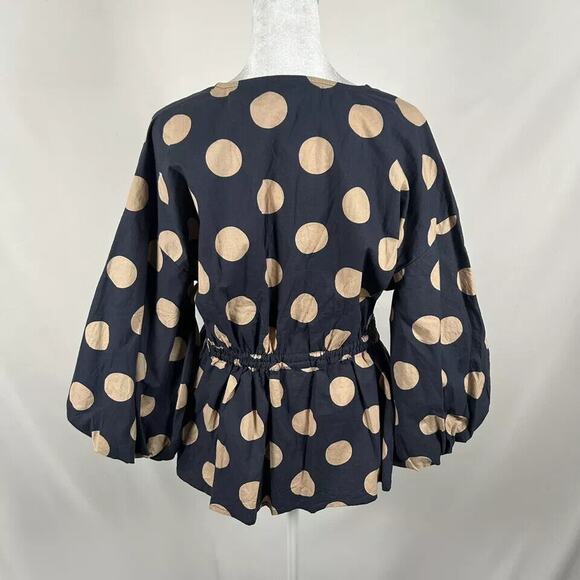 ASOS Navy Cream Polka Dot 3/4 Sleeve Top Blouse Shirt 6 Small Casual Tie Waist - Picture 2 of 5